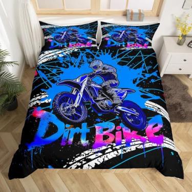 Imagem de Feelyou Jogo de cama infantil Racing Motocross Rider, tamanho casal, capa de edredom para esportes radicais, capa de edredom de bicicleta suja, estampa de pneu, decoração de quarto de motocicleta, sem