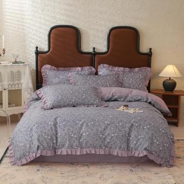 Imagem de MOTNTD Capa de edredom floral de algodão boêmio, elegante, com babados, fofos, conjunto de capa de edredom com 2 fronhas, casa de fazenda, meninas, conjunto de cama com protetor de edredom