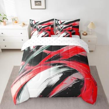 Imagem de Feelyou Conjunto de edredom abstrato vermelho preto com 7 peças, arte abstrata, listrado, tamanho king, para crianças, meninos, meninas, moderno, geométrico, em uma bolsa