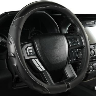 Imagem de Capas de volante de caminhão, ajuste universal, captador F-150 RAM Tundra Tacoma, couro napa esportivo, aderência de massagem de fibra de carbono, antiderrapante para homens e mulheres (Bla01, tamanho