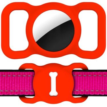 Imagem de Para suporte de coleira de cachorro AirTag, coleira protetora para cães de gato AirTag, acessórios de rastreamento GPS de silicone, etiquetas de ar com padrão ósseo (1 pacote (vermelho))
