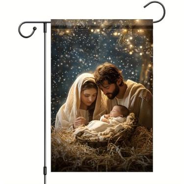 Imagem de Saoplasa Bandeira de jardim de Natal Presépio Família Sagrada Bebê Jesus 30,5 x 45,7 cm Faixa dupla face para quintal externo para férias religiosas inverno varanda pátio gramado rústica fazenda