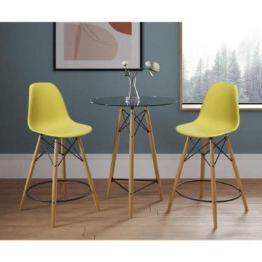 Imagem de Mesa Bistrô Eames Eiffel Vidro Com 2 Banquetas Amarelas De Madeira - C