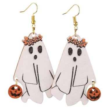 Imagem de Brincos com pingente de madeira de fantasma de abóbora de Halloween fofo de fantasma de desenho animado para mulheres, festas festivas, cosplay, bijuterias, presentes, Large, Metal, Sem pedra preciosa