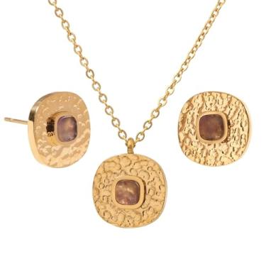 Imagem de TaYolnFaSo Conjunto de joias de pedra natural para mulheres 18 k banhado a ouro real ametista/lápis-lazúli/olho de tigre/colar de ágata preta conjunto de brincos joias de pedra preciosa presente de