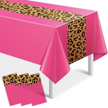 Imagem de Pacote com 3 toalhas de mesa com estampa de leopardo, toalha de mesa de plástico safari, animal, guepardo, rosa choque, passadeira de leopardo, descartável, capa de mesa retangular para chá de bebê