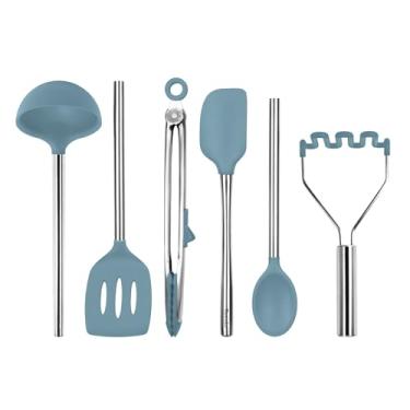 Imagem de Tovolo Conjunto de 6 utensílios de cozinha de silicone, concha de ardósia azul, espátula, raspador, colher de mistura e espremedor de batatas, pode ser lavado na lava-louças, sem BPA, utensílios de