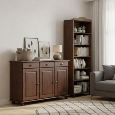 Imagem de Kit 2 Peças Estante 5 Prateleiras e Balcão 3 Portas 100% Madeira Maciç