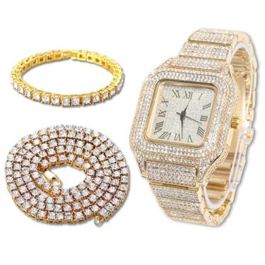Imagem de Halukakah Diamonds Gold Watch Iced Out, pulseira masculina de quartzo banhado a ouro real 18 quilates, mostrador quadrado de 24 cm, com opções de conjunto de pulseira de colar de corrente de tênis