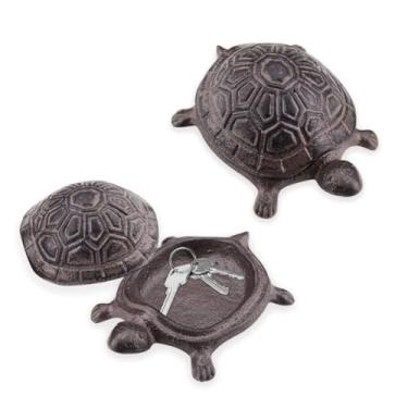 Imagem de SAFE2PCS Escondedor de chave sobressalente de tartaruga de ferro fundido retrô, 13,3 × 8,2 × 5 cm Porta-chaves oculto ao ar livre, estátua de tartaruga versátil e decorativa para casa, jardim e