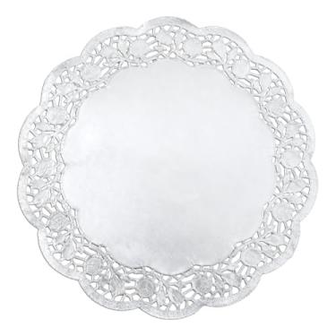 Imagem de Phantomon 100 peças de papel de renda prata de 35,5 cm – Jogo americano descartável de folha prata para bolos, exibição de sobremesa, mesa de jantar, casamentos, festas de aniversário