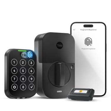 Imagem de Fechadura Yale Assure Lock com 2 toques, fechadura de porta de entrada inteligente de camurça preta sem chave com teclado com tela sensível ao toque conectada por Wi-Fi e scanner de impressões