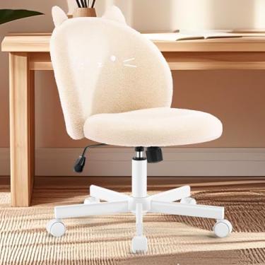 Imagem de Morkprism Cadeira Vanity com encosto de gato, cadeira de mesa sem braços, linda cadeira de escritório pequena, cadeira de computador de tecido de pelúcia com altura ajustável, inclinação de 120°