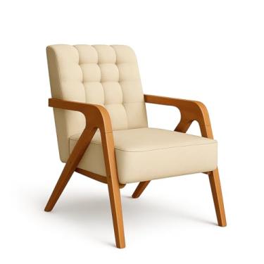 Imagem de Poltrona Cadeira Decorativa Estofada Linho Premium Pés Madeira Maciça para Sala de Estar Escritório e Recepção Confortável (Bege)
