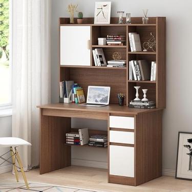 Imagem de Yadlan Mesa de computador com prateleira de armazenamento e cabana, mesa de escritório em casa moderna, estação de trabalho de estudo com estante de livros, mesa de estudo infantil de madeira, grande