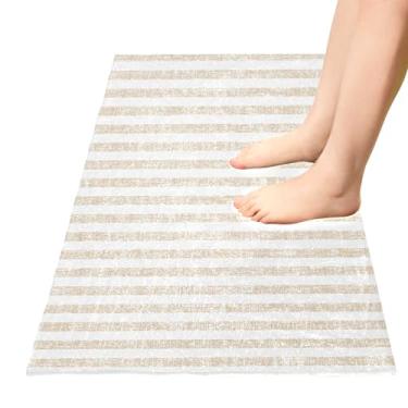 Imagem de TSENQUE Tapete de banheiro com listras brancas bege simples, tapete de cozinha, tapete de porta interno felpudo antiderrapante para decoração de quarto de casa, 99 x 50 cm