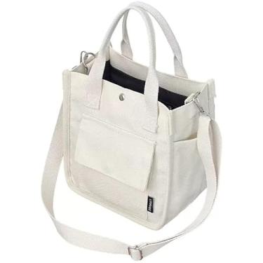 Imagem de Sacola de lona de cor sólida com vários bolsos e alça de ombro destacável, bolsa feminina casual de compras, branca