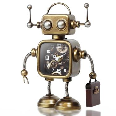 Imagem de AYRELY Relógio de mesa robô vintage, estatueta Steampunk de ferro feito à mão para casa, escritório, quarto, decoração de prateleira, movimento de quartzo silencioso, alimentado por bateria (AA não