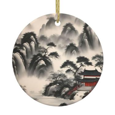 Imagem de Impressão de pintura de paisagem de Natal em cerâmica pendurada redonda, pingentes de porcelana, decoração criativa de Natal