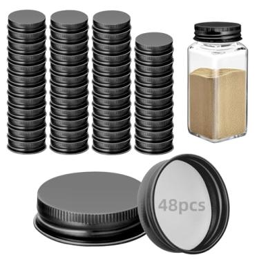 Imagem de 48 tampas de potes de ferro para potes quadrados de 113 g e 170 g reutilizáveis latas herméticas de armazenamento de especiarias para cozinha de boa vedação (preto)