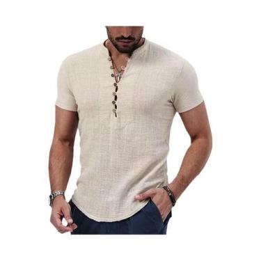 Imagem de Camiseta Masculina Casual de Linho e Algodão - Manga Curta com Decote 