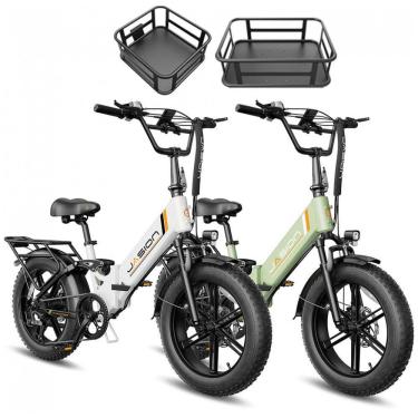 Imagem de Kit 2 bicicletas elétricas dobráveis Jasion X-Hunter ST branca e verde cestos pneus 20x4 motor 750W pico 1400W bateria 48V 13Ah 70 km 110V ?