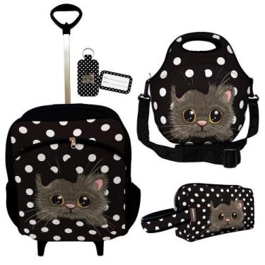 Imagem de Kit Mochila r Infantil Rodinhas Lancheira Estojo Isoprene Gatinho Poá 