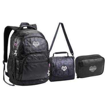 Imagem de Kit Mochila Lancheira Estojo Feminina Matelassê ColorUp, Preto