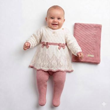 Imagem de Kit Macacão e Manta Tricô Kids Com Vestido Bordado Rose