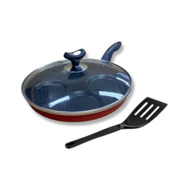 Imagem de Frigideira Gourmet 4 Ovos 26cm Antiaderente Vermelha com Tampa de Vidro Acompanha Espátula 25cm Não Gruda 4 Cavidade Fritar Ovos Bacon Queijo Hambúrguer