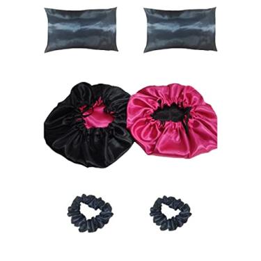 Imagem de 2 fronhas 2 touca dupla face 2 xuxinha kit de cetim preto com pink