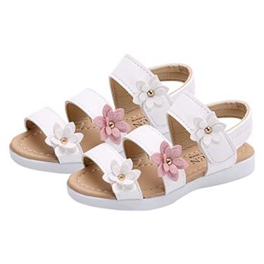 Imagem de Sandálias infantis de verão moda grande flor meninas sapatos de preço plano infantil slides (branco, 6-7 anos)