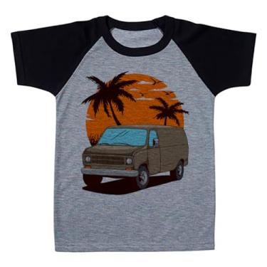 Imagem de Camiseta Raglan Infantil Cinza Carro Van Bege Tropical Por Do Sol (BR, Numérico, 12, Regular, Polialgodão)