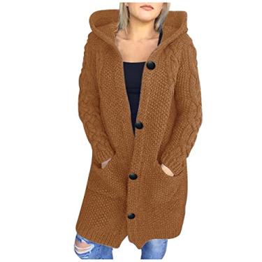 Imagem de Kuluzego Roupas femininas outono inverno crochê térmico com capuz malha simples casaco com capuz casaco feminino 2023, Café F-r39, XG