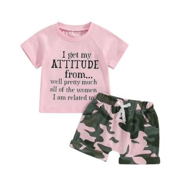 Imagem de WZTYYDS Roupas infantis de verão para bebês meninas 1T 2T 3T 4T 5T camiseta manga curta estampa de letras tops camuflagem shorts roupas, B - Rosa, 3-4 Anos