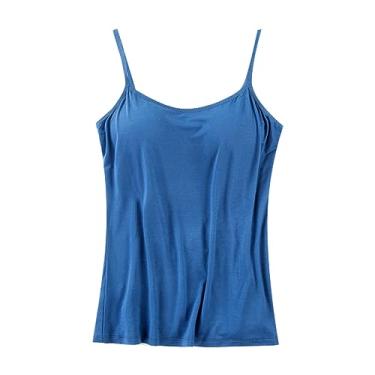 Imagem de Camisetas femininas de algodão, sutiã embutido, alças ajustáveis, alças finas, gola V básica, respirável, Azul, P