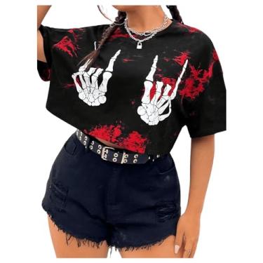 Imagem de SOLY HUX Camiseta feminina plus size tie dye caveira estampa gráfica meia manga cropped tops, Esqueleto multicolorido, G Plus Size