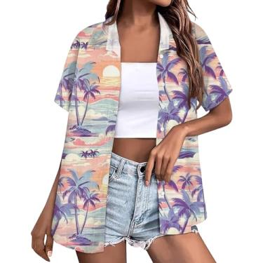 Imagem de Camisetas femininas havaianas abotoadas lapela legal verão praia blusa floral tropical coco gráfico blusa blusa manga curta, Z06 Branco, 3G