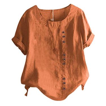 Imagem de Camiseta feminina de linho, gola redonda, manga curta, elegante, elegante, casual, confortável, Laranja, M