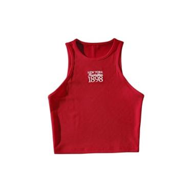 Imagem de WDIRARA Camiseta regata feminina bordada com letras estampadas, gola redonda, sem mangas, malha canelada, Vermelho, P