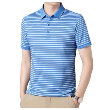 Imagem de Camisa polo masculina listrada casual elástica manga curta fresca secagem rápida solta camiseta de tênis, Azul, M