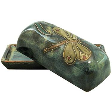 Imagem de Mara Stoneware Manteigueira colecionável - cerâmica mexicana - azul com design de libélula