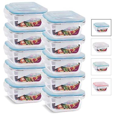 Imagem de Kit Conjunto 10 Potes Vidro Hermético Tampa Plástico Marmita Mantimentos 320ml (Azul)