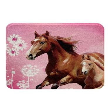 Imagem de Feelyou Tapetes de banheiro com cavalo rosa antiderrapantes para banheiro, banheira, chuveiro, crianças, tapete floral de cavalo de fazenda, capacho de entrada, tapete frontal para banheiro, tapete interno, antiderrapante, para trás, 40,64 cm x 60,96 cm