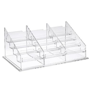 Imagem de BTSKY Suporte de cartão de visita de acrílico transparente para mesa, 4 níveis e 12 bolsos, organizador de cartão de visita de acrílico espesso, porta-cartões de visita, suporte para cartões de visita