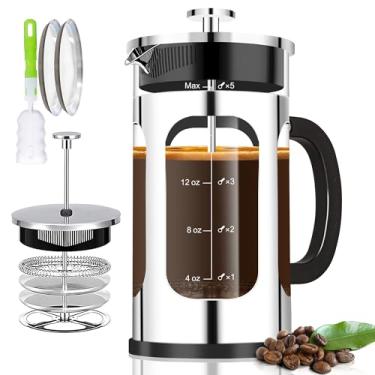 Imagem de YMMIND Cafeteira French Press (600 ml, 3-4 xícaras), com sistema de 4 filtros, vidro borossilicato de espessura resistente ao calor, presente de bule de café frio (prateado)