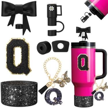 Imagem de AIERSA Conjunto de acessórios de copo preto para copo Stanley 850.5 g 1,134.0 g, incluindo arco e mini copo, tampa de palha e bota, tampa à prova de derramamento, adesivo de letras iniciais e pingente