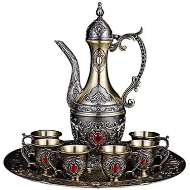 Imagem de Conjunto de bule de chá vintage incluindo bule de café turco, bandeja de chá e xícaras de metal, conjunto de serviço de chá para servir chá e vinho tinto, enfeites de decoração de armário de vinho (vermelho)