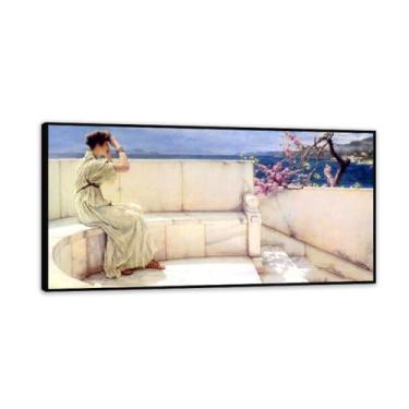 Imagem de Impressões com moldura preta Expectations de Lawrence Alma Tadema, reprodução de pintura a óleo, impressão giclée em tela, arte de parede pronta para pendurar para decoração de quarto de casa. 80 x 40