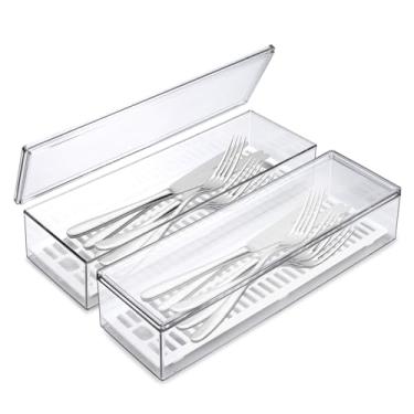 Imagem de Sekonow Pacote com 2 organizadores de talheres com tampa e escorredor – Organizador de gaveta de cozinha, bandeja de talheres, caixa de armazenamento de talheres, porta-utensílios de mesa transparente